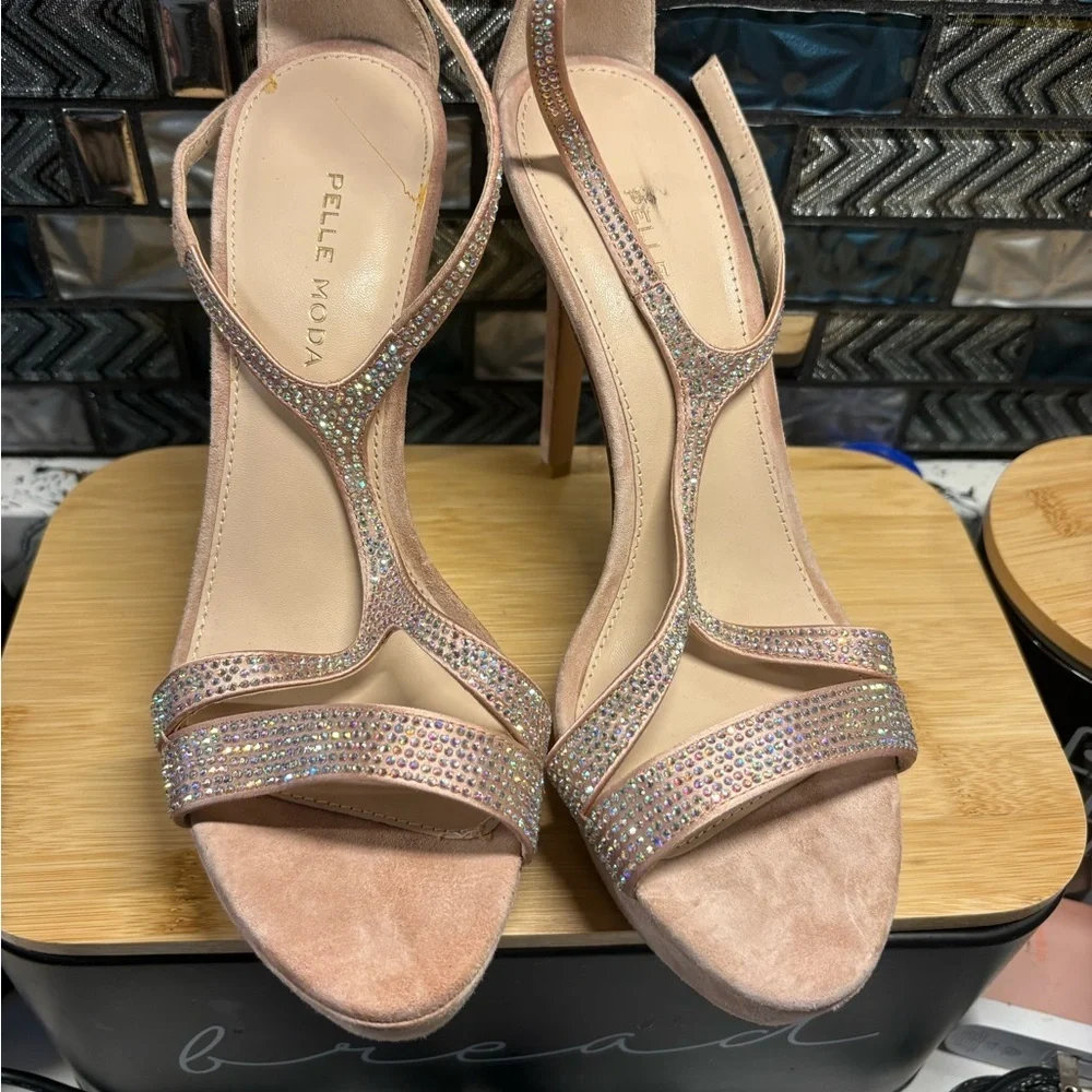 Pelle Moda Blush Pink Crystal T-Strap Stiletto Sandals